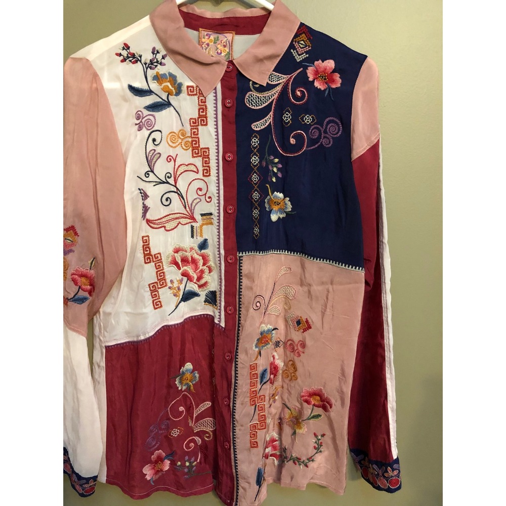 Johnny Was Marcia Color Block Embroidered Blouse Red Bud Silk Cupro Small Boho